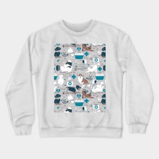 Veterinary medicine, happy and healthy friends // pattern // grey background turquoise details navy blue white and brown cats dogs and other animals Crewneck Sweatshirt